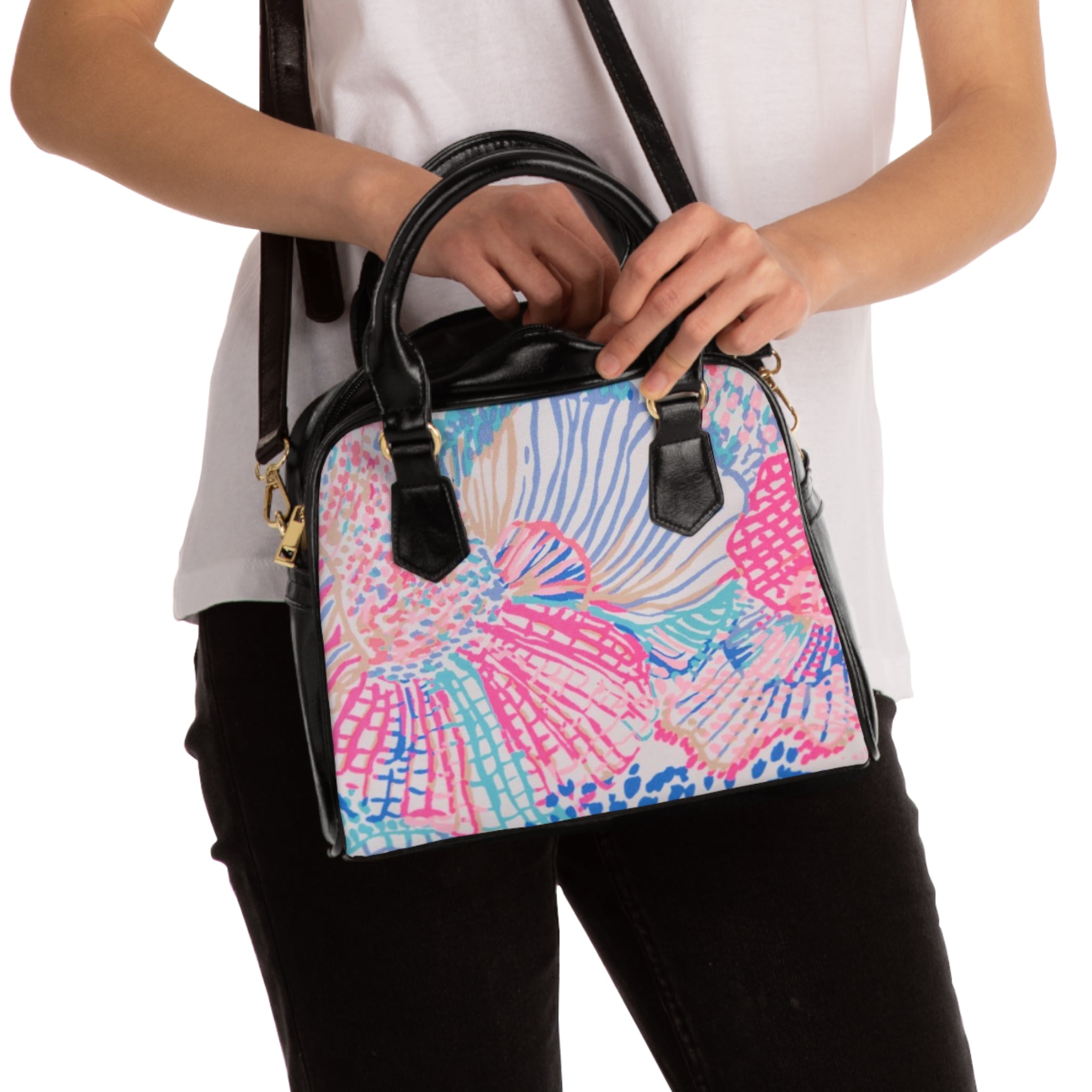 Floral Shell Print Shoulder Handbag — Pink Beachy Pattern Tote