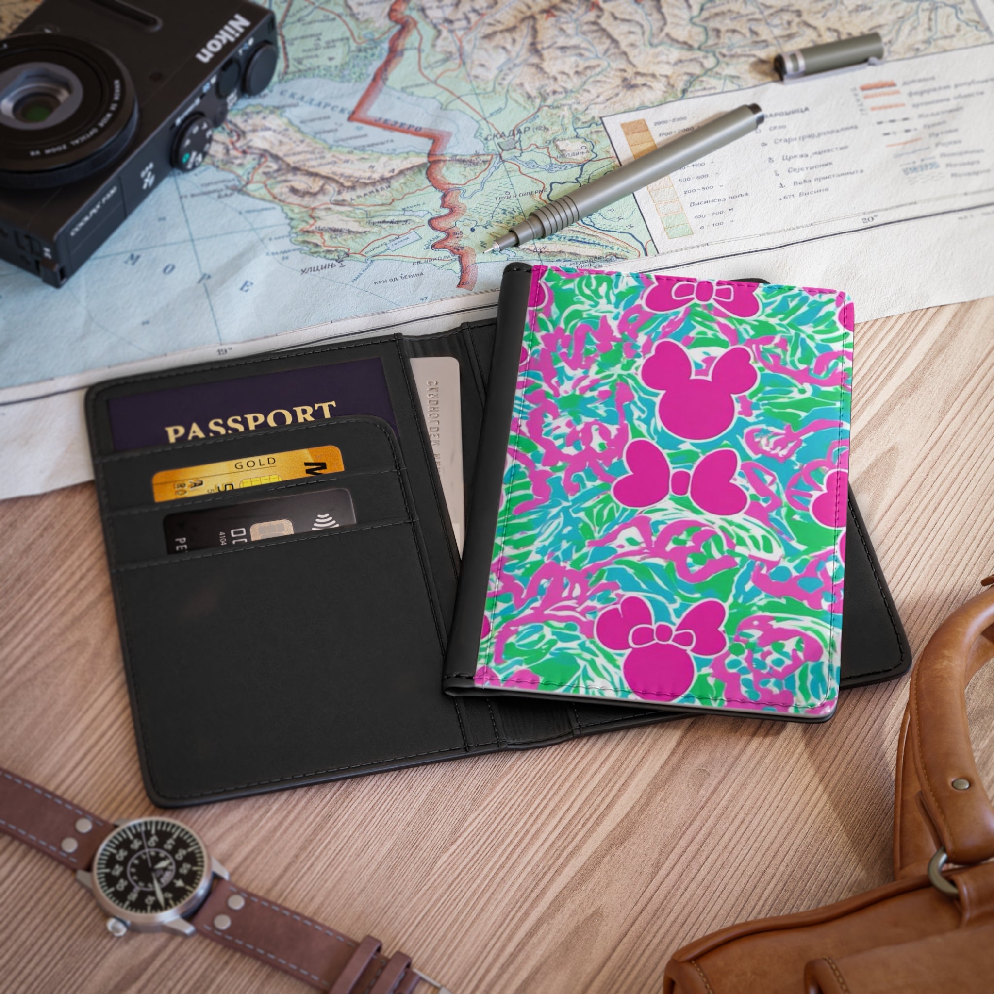 Pink Minnie Pattern Passport Cover — Floral Mickey Ear Travel Wallet