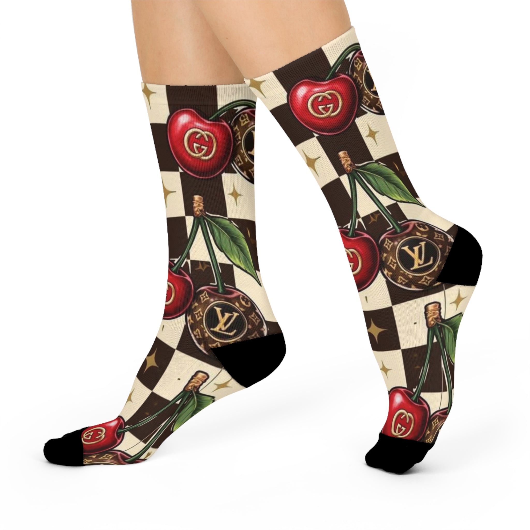 Cherry Logo Checkered Crew Socks — Designer-Inspired Cushion Crew for Fashion Lovers
